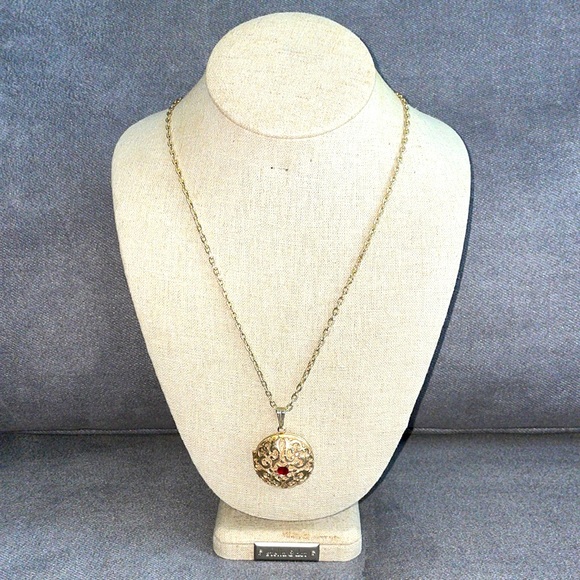Vintage locket necklace. 22”. Ruby Red & Gold - Picture 1 of 6